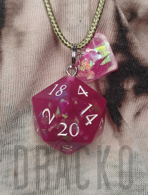 D20 Pink with Rainbow Foil Glitter Pendant