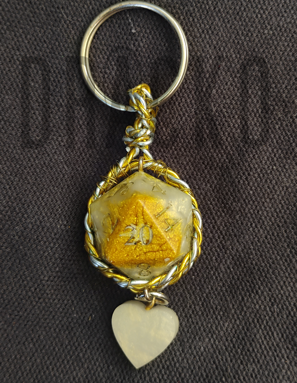 D20 Gold on Gold Keychain + Peal Heart Charm