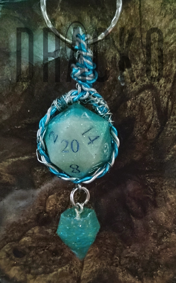 D20 Teal and Pearl White Keychain + Teal Glittery Gem Charm