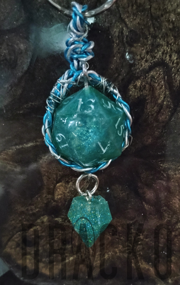 D20 Teal and Pearl White Keychain + Teal Glittery Gem Charm