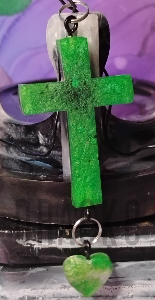 Green and Black Cross with Heart Charm Pendant