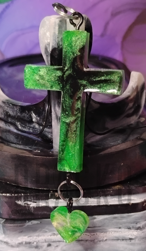 Green and Black Cross with Heart Charm Pendant