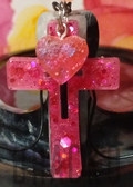 Bright Pink Cross with Glitter and Heart Charm Pendant