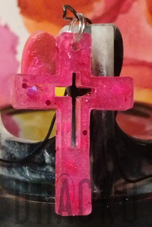 Bright Pink Cross with Glitter and Heart Charm Pendant