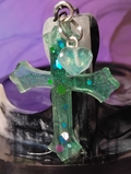 Teal Transparent Cross with Heart Charm Pendant