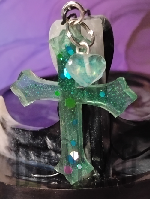 Teal Transparent Cross with Heart Charm Pendant