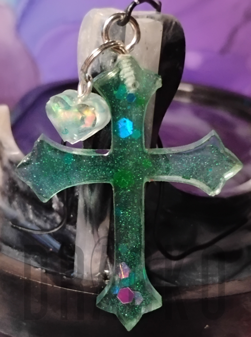 Teal Transparent Cross with Heart Charm Pendant